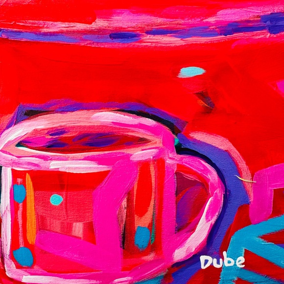 Modern Abstract Red Teapot Cup & Flowers 12"x 12" Cradled Wood Panel 12" x 12" - Picture 5 of 11